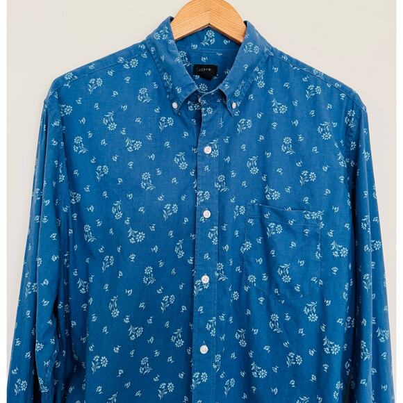 J. Crew Mens Linen Cotton Blue Leafy Button Up Long Sleeve Shirt Size Large NEW - Picture 2 of 8
